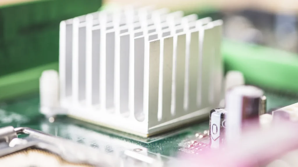 Dissipatore di calore bianco montato sulla scheda madre di un computer, in primo piano