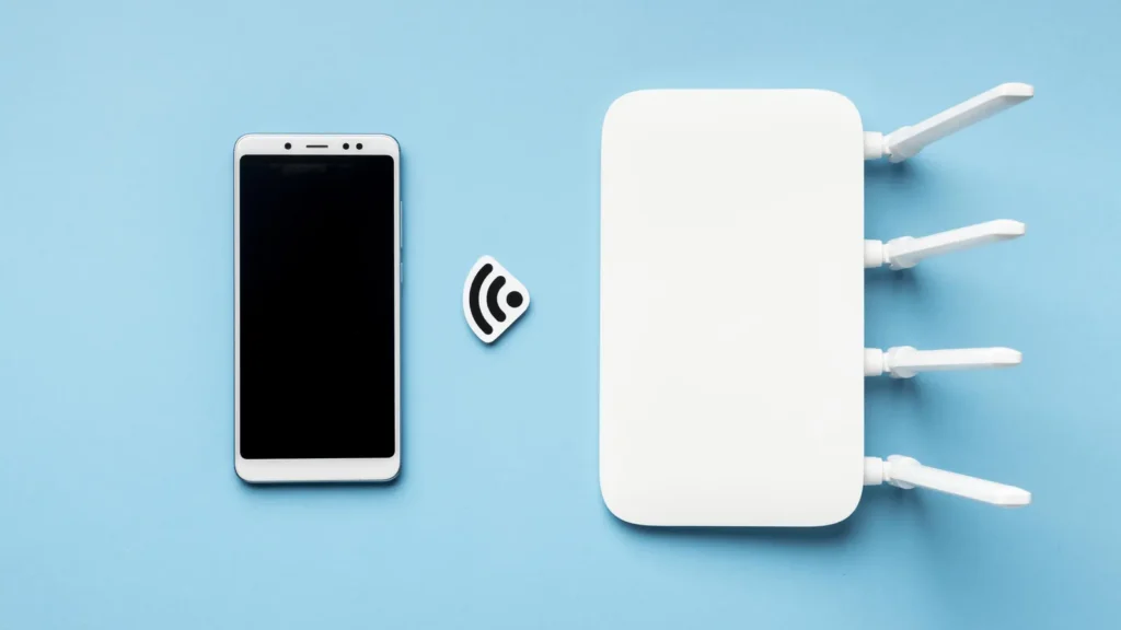 Router Wi-Fi bianco e smartphone su un piano azzurro, visti dall'alto